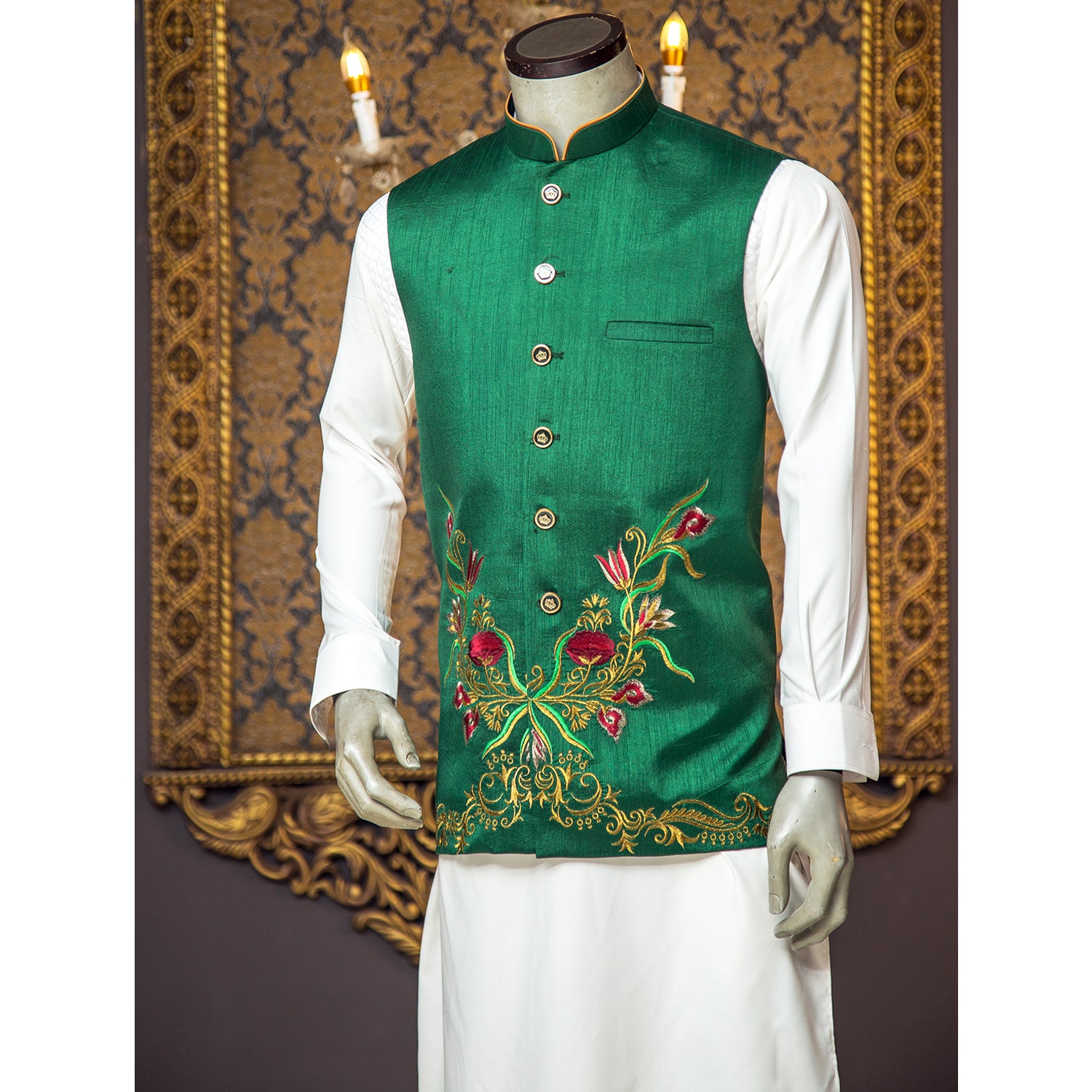 Raw Silk Waistcoat w/ Resham Embroidery Work