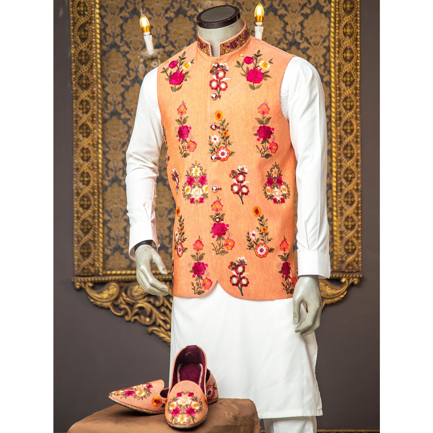 Raw Silk Waistcoat w/ Resham Embroidery Work