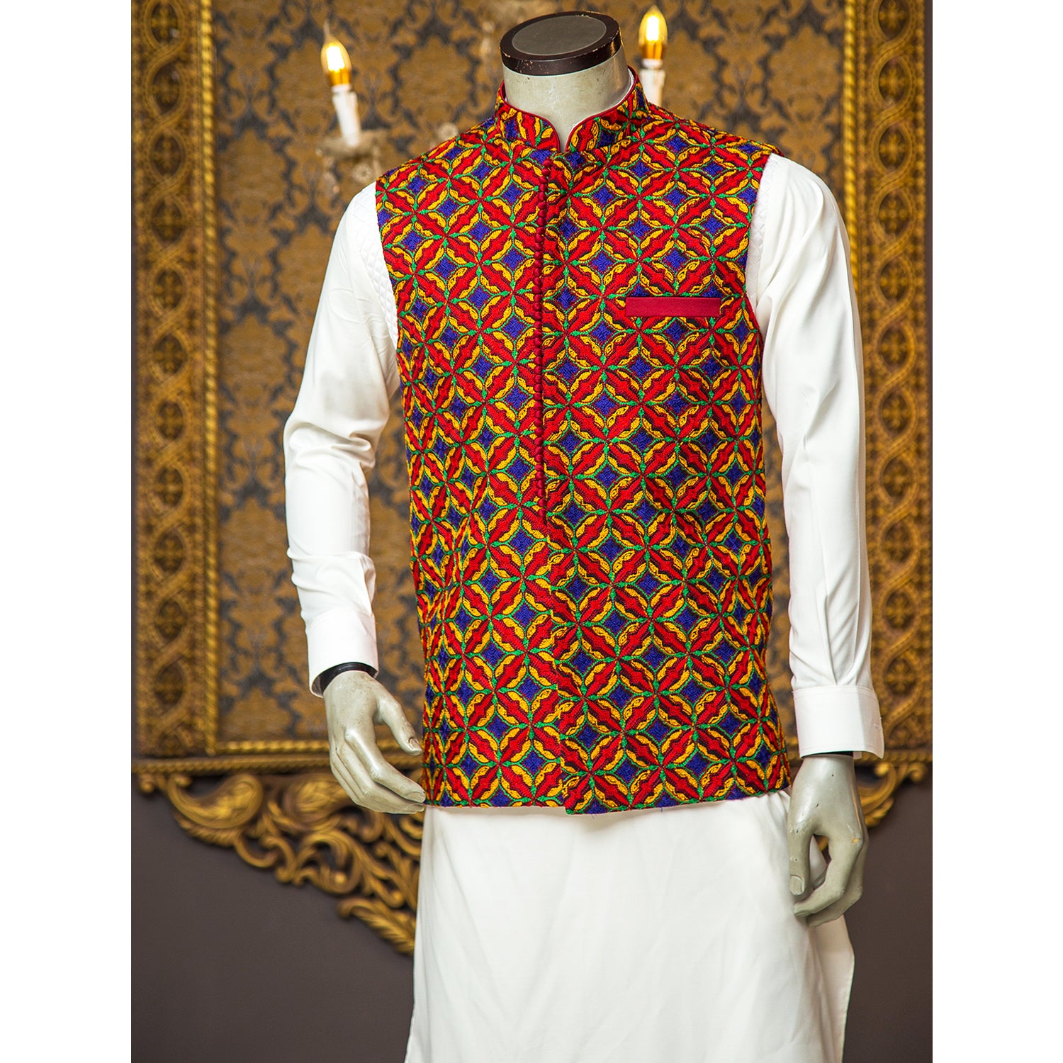 Loop Button Fully Colorful Embroidered Waistcoat