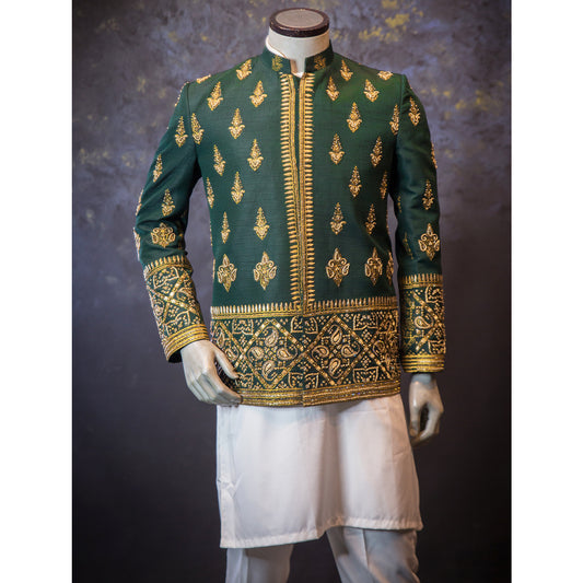 Block Print Prince Coat w/ Zardozi Handwork for Men