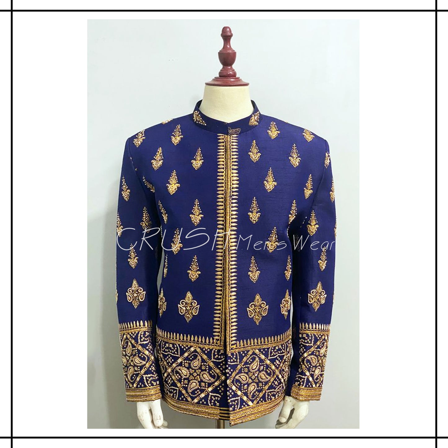 Block Printed Raw Silk Prince Coat w/ Detailed Handwork