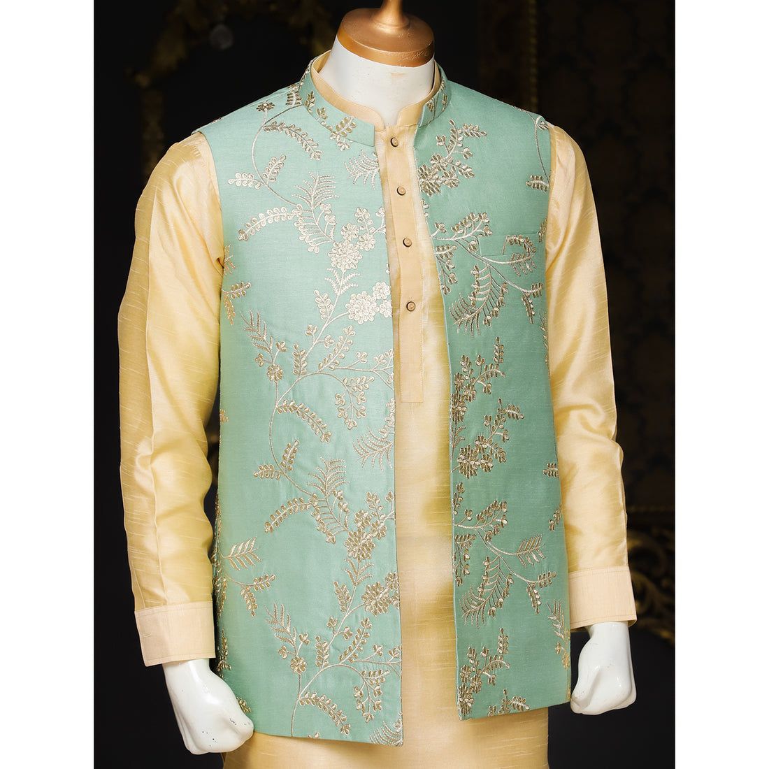 Soft Raw Silk Waistcoat w/ Tilla Work for Men