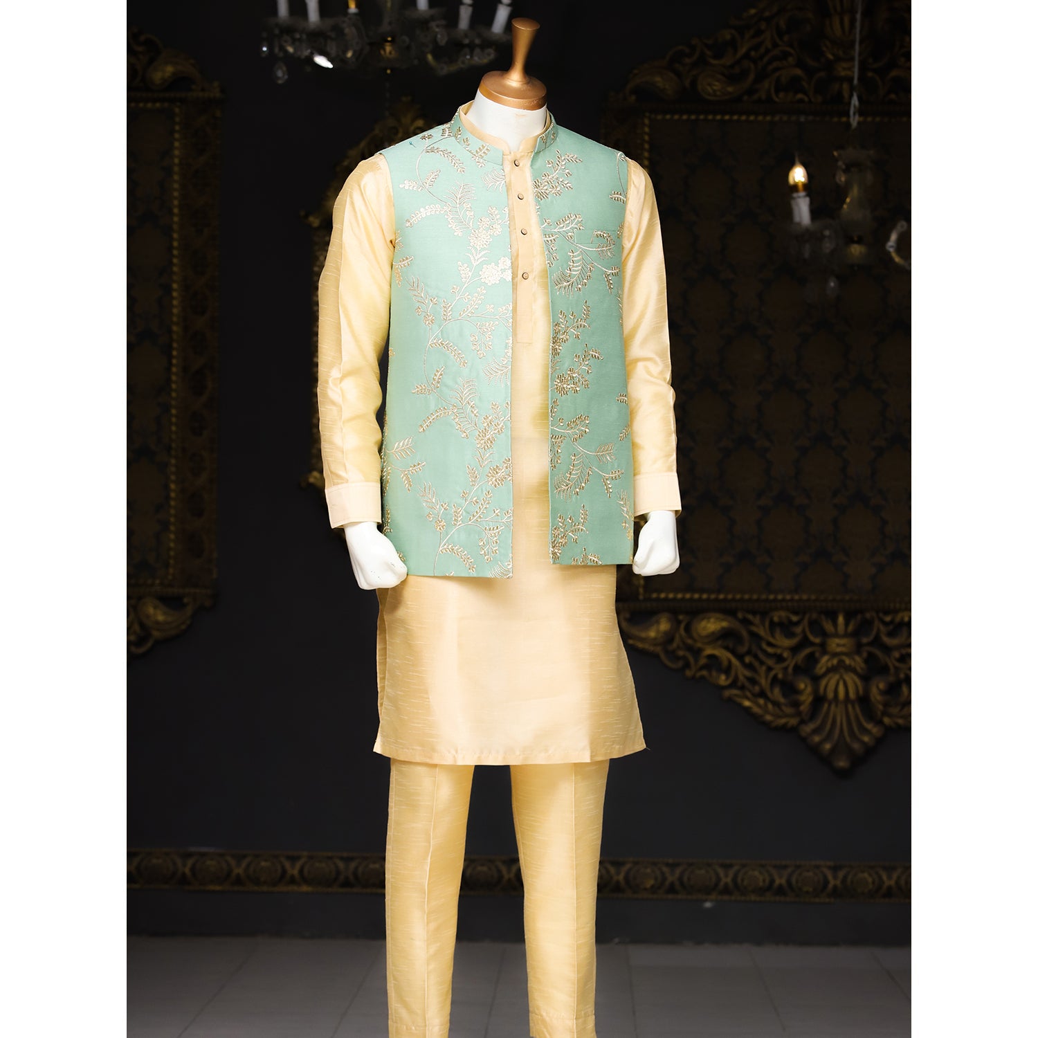 Soft Raw Silk Waistcoat w/ Tilla Work for Men