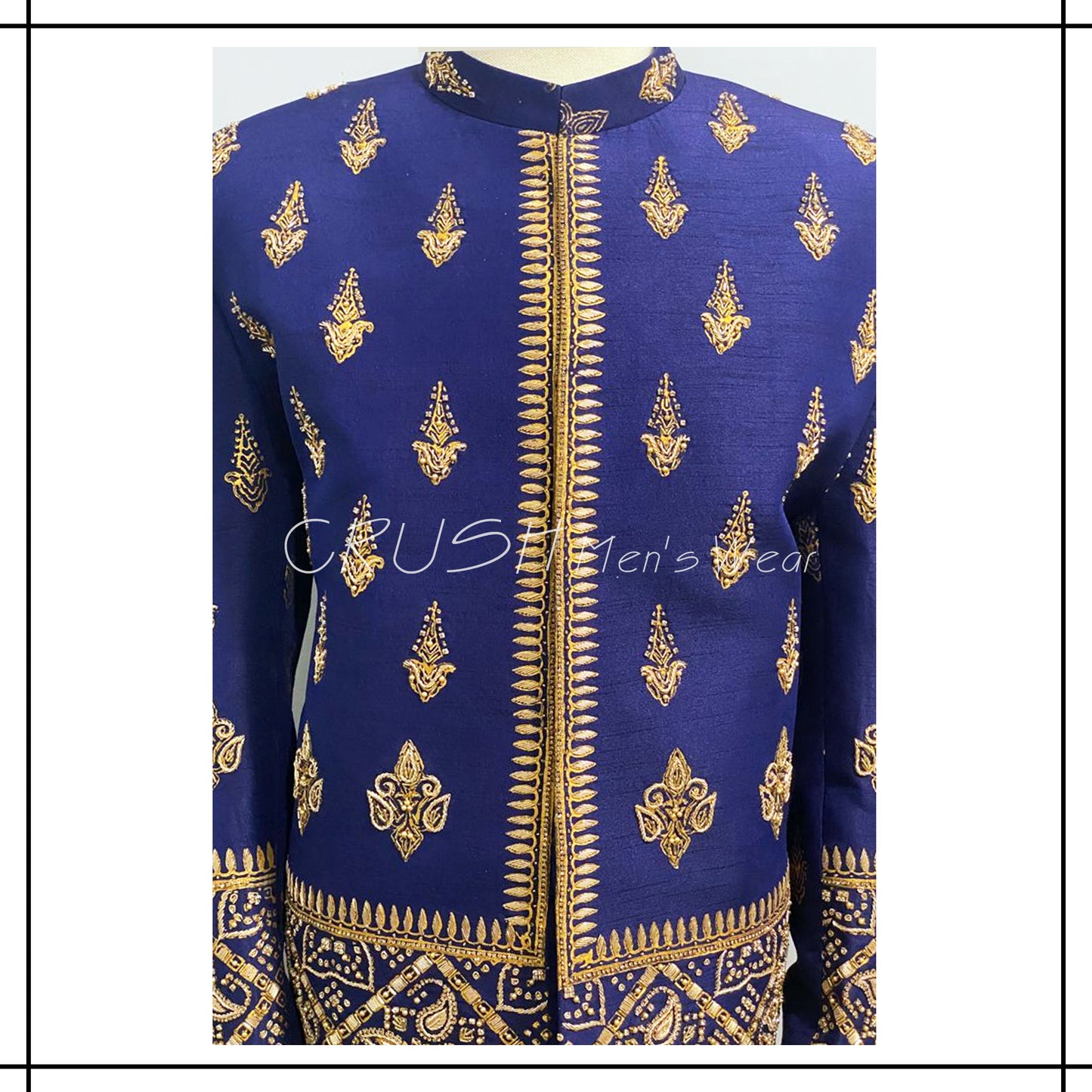 Block Printed Raw Silk Prince Coat w/ Detailed Handwork