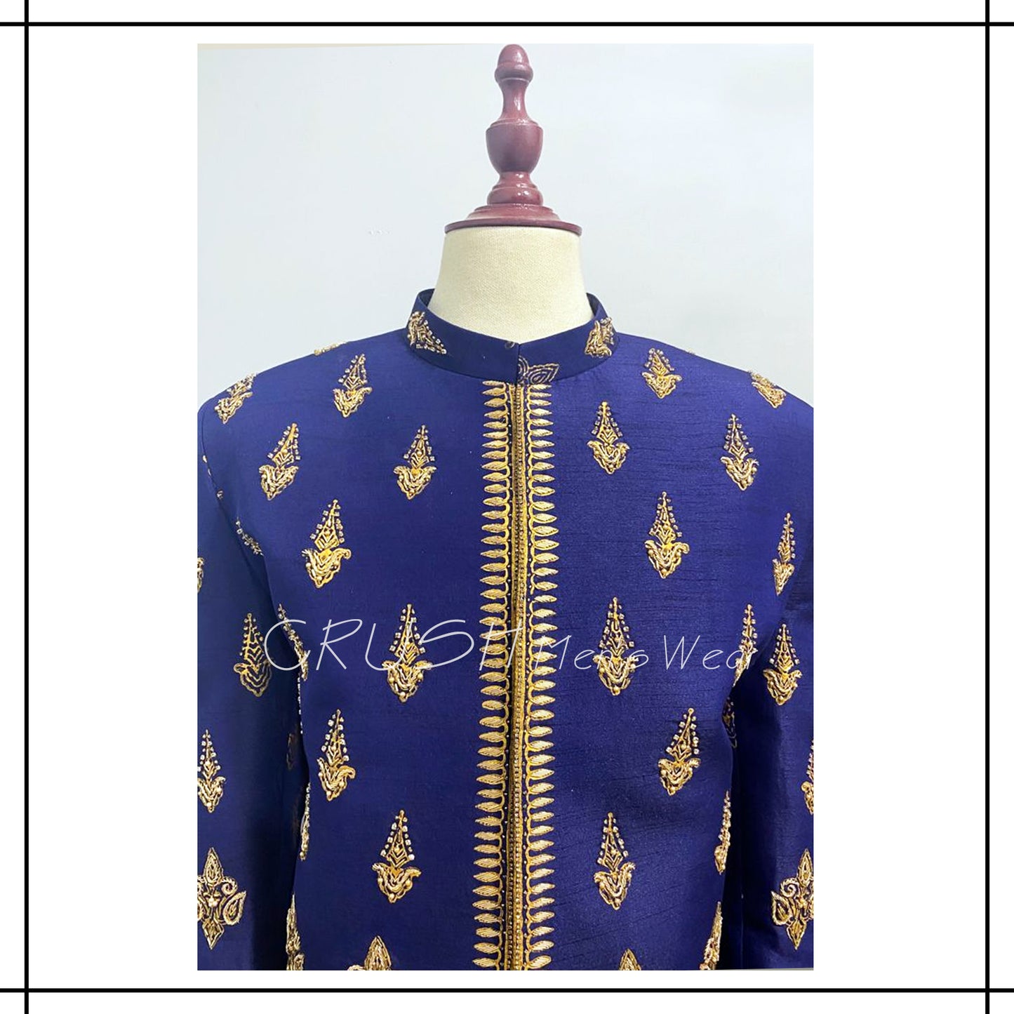 Block Printed Raw Silk Prince Coat w/ Detailed Handwork