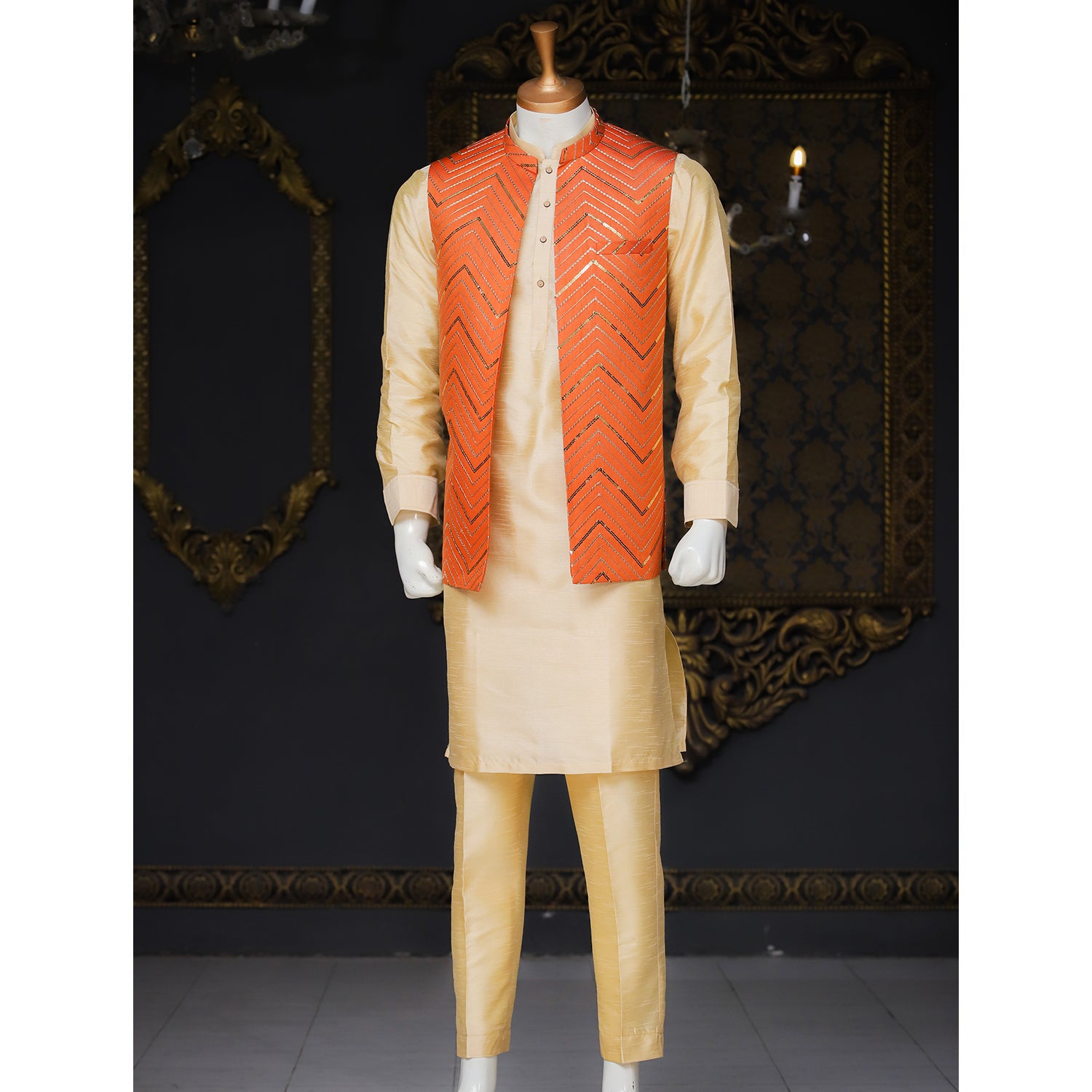 Raw Silk Waistcoat w/ Sequence for Men