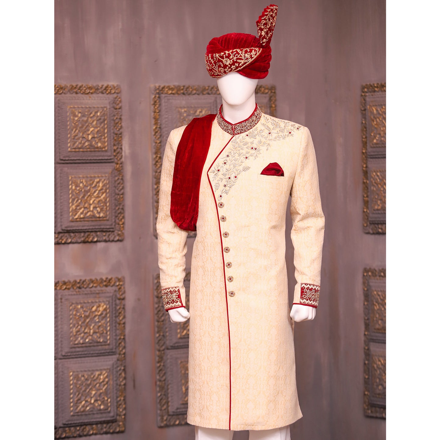 Anrakha Cut Sherwani with Detailed Work for Groom