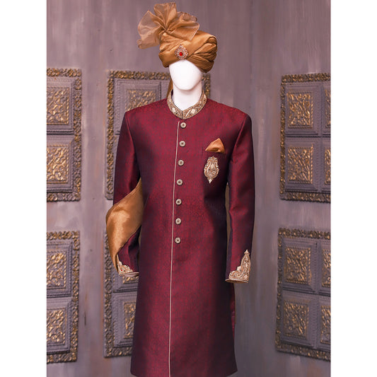 Self Jamawar Sherwani with Front Motive