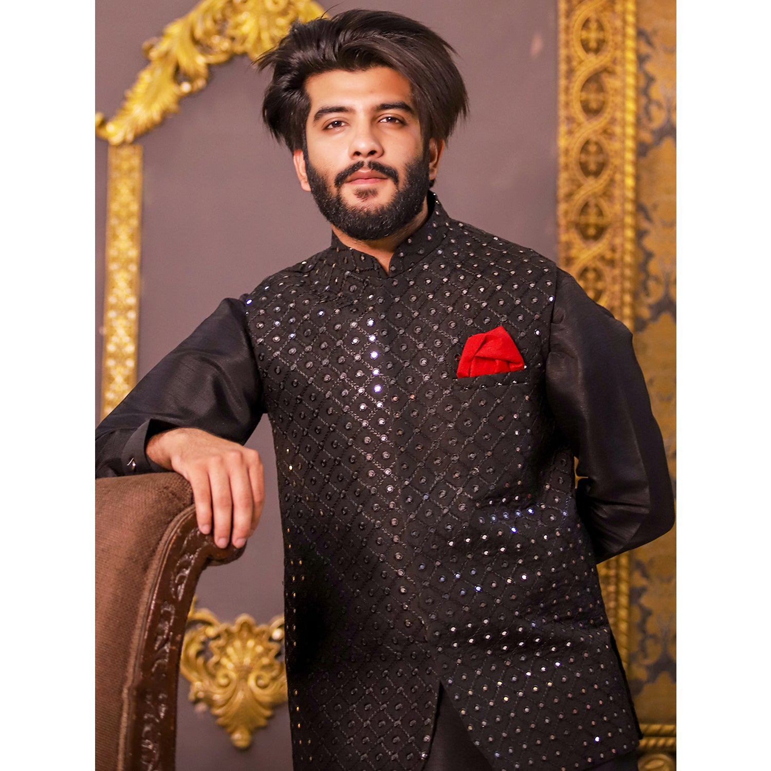 Embroidered Fabric Mirror Waistcoat for Men