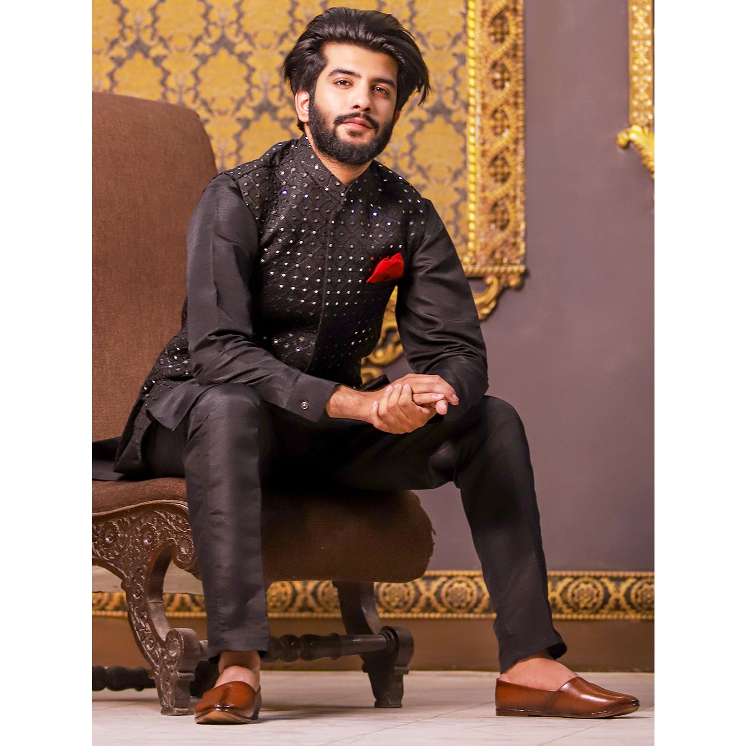 Embroidered Fabric Mirror Waistcoat for Men