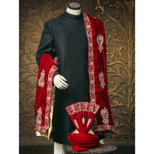 Anrakha Sherwani w/ Self Black Embroidery Work