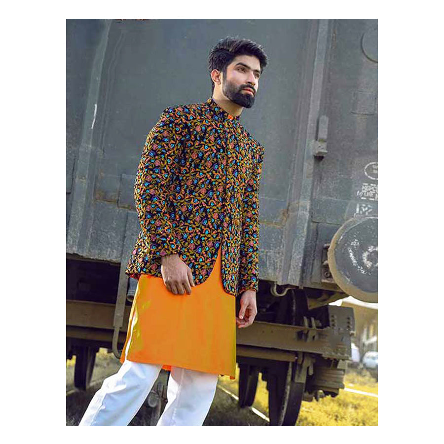 Black Velvet Prince Coat with Colorful Embroidery