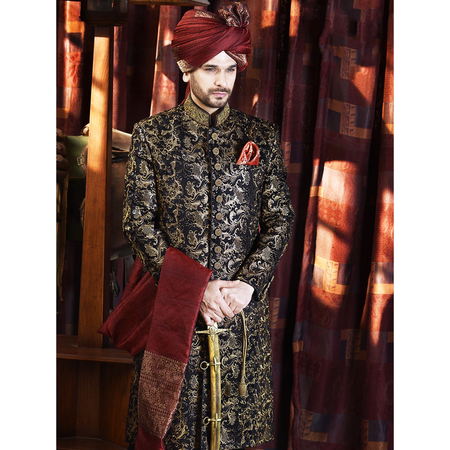 Silk Sherwani w/ Copper & Black Tilla Embroidery