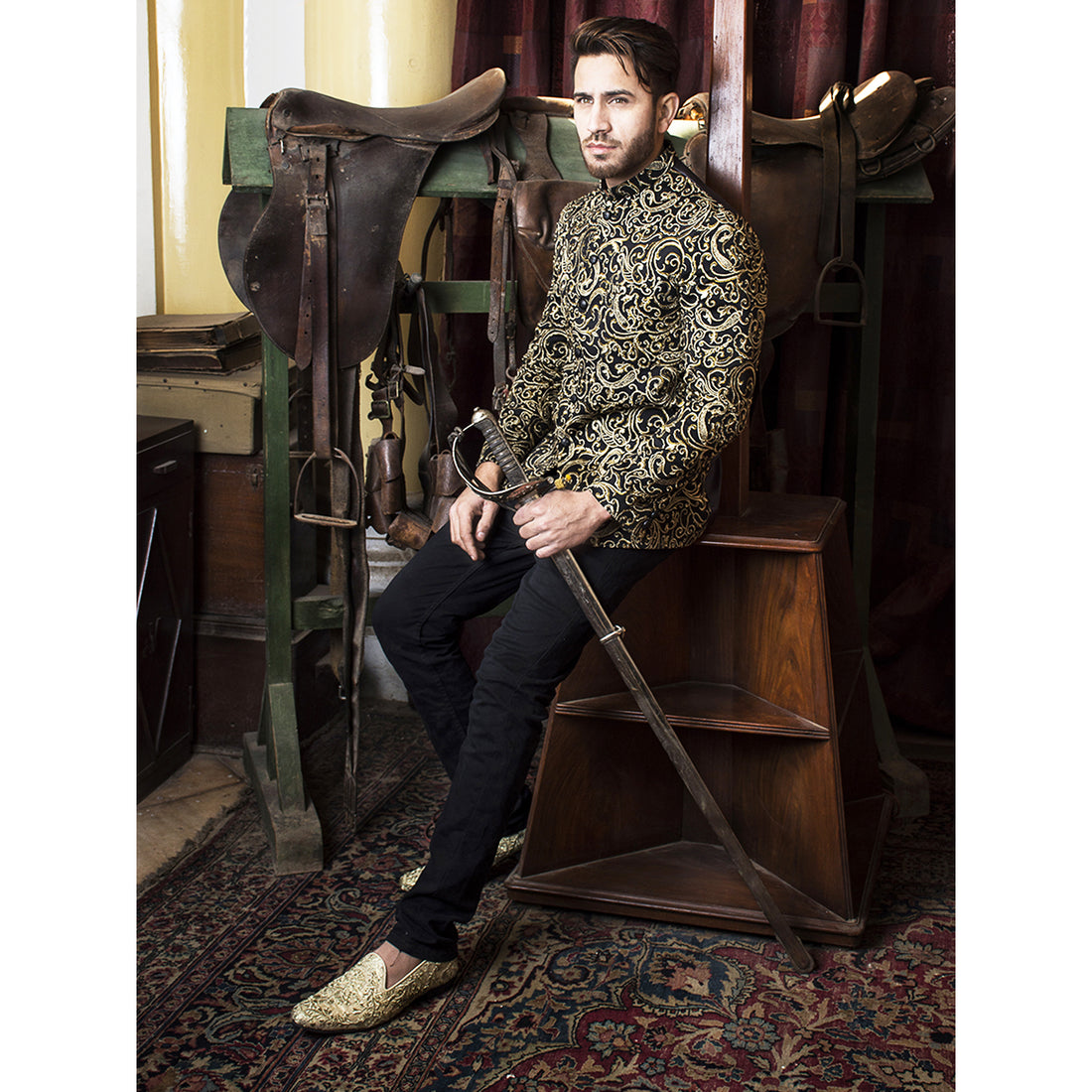 Golden & Copper Tilla Embroidered Prince Coat