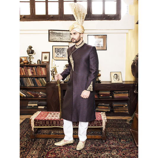 Anrakha Cut Sherwani w/ Gold Embroidery