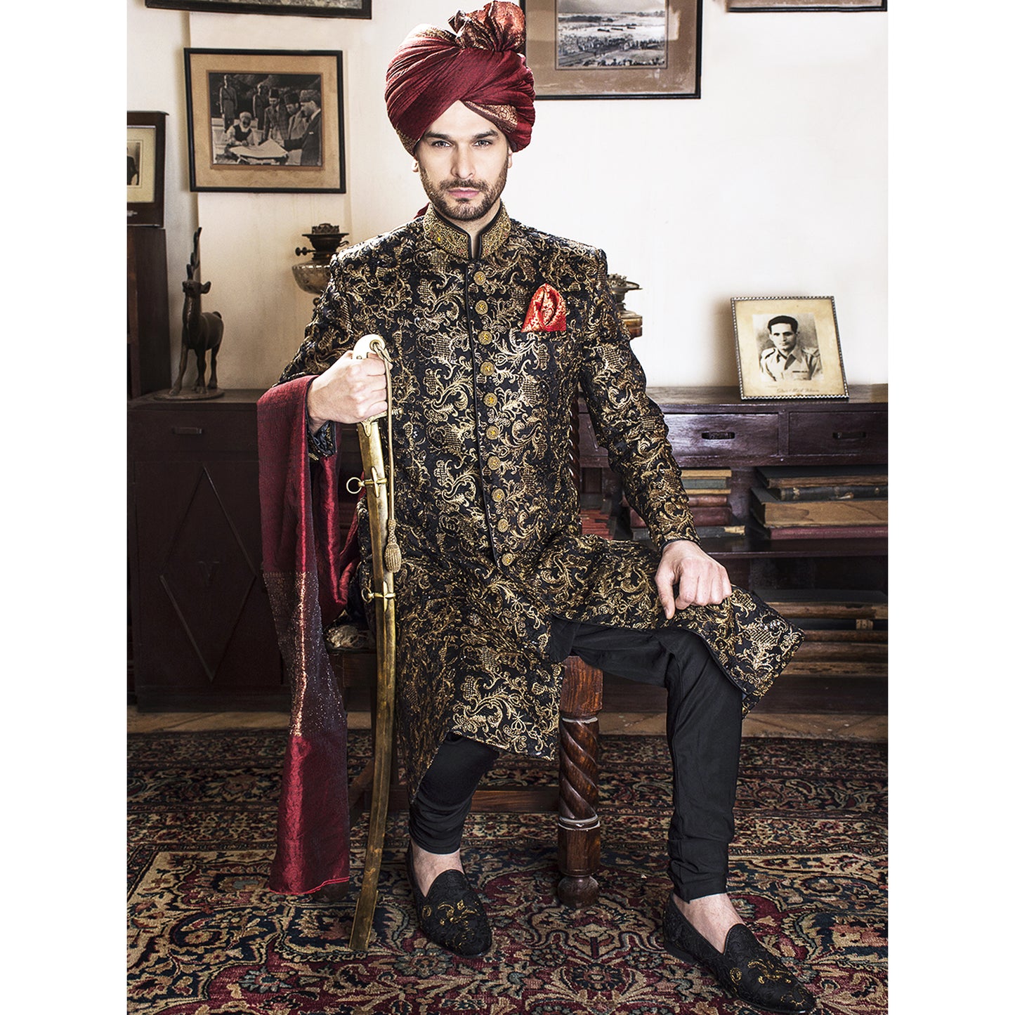 Silk Sherwani w/ Copper & Black Tilla Embroidery