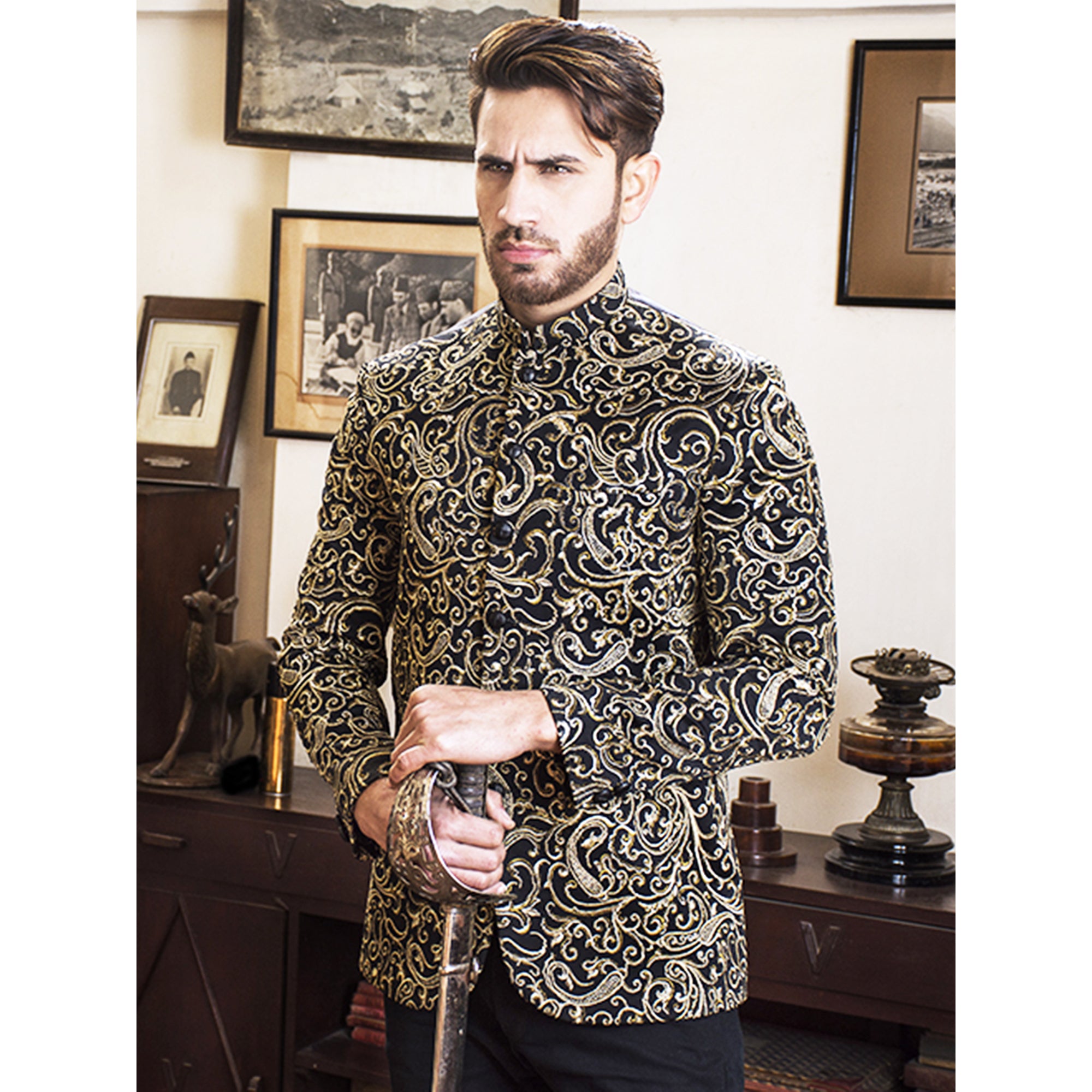 Golden & Copper Tilla Embroidered Prince Coat