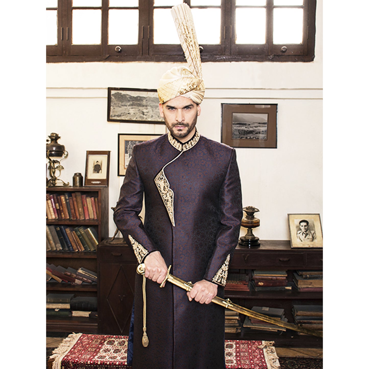 Anrakha Cut Sherwani w/ Gold Embroidery