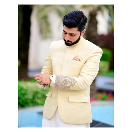 Self Jamawar Prince Coat w/ Zardozi Handwork