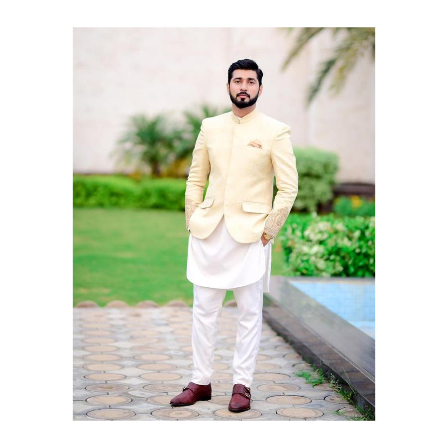 Self Jamawar Prince Coat w/ Zardozi Handwork