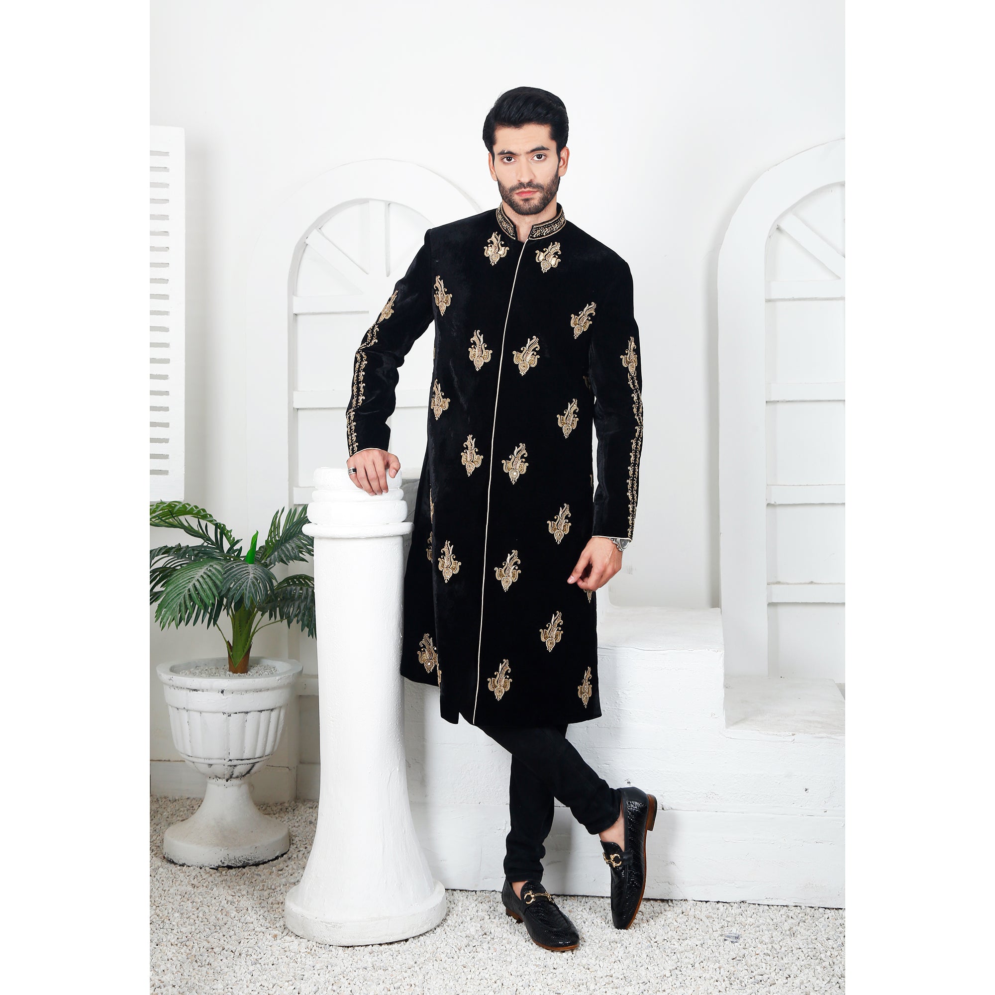 Black Velvet Sherwani with Detailed Hand-worked Motive