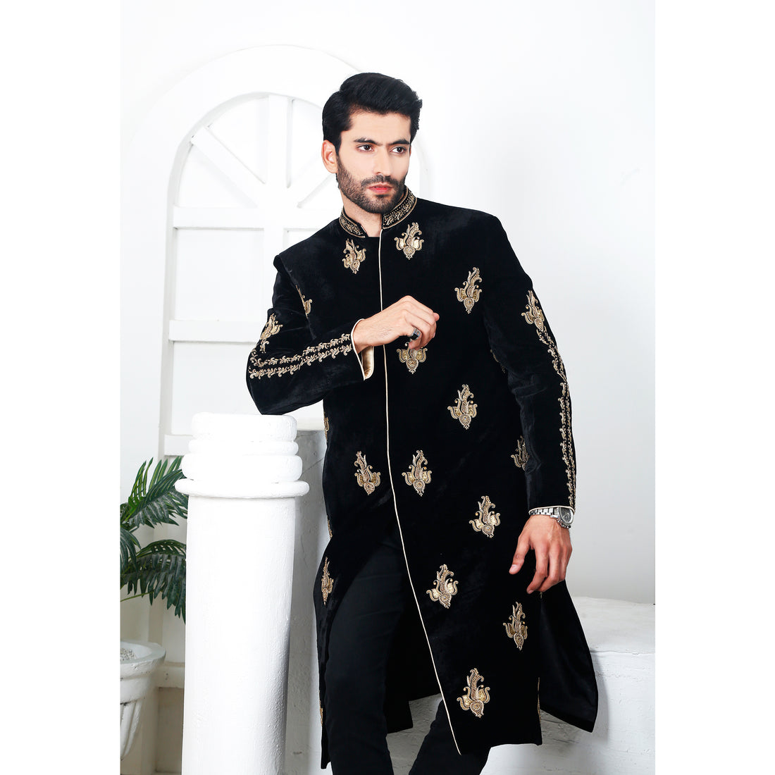 Black Velvet Sherwani with Detailed Hand-worked Motive