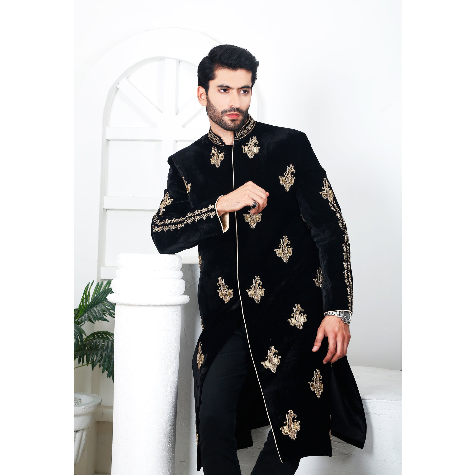 Black Velvet Sherwani with Detailed Hand-worked Motive