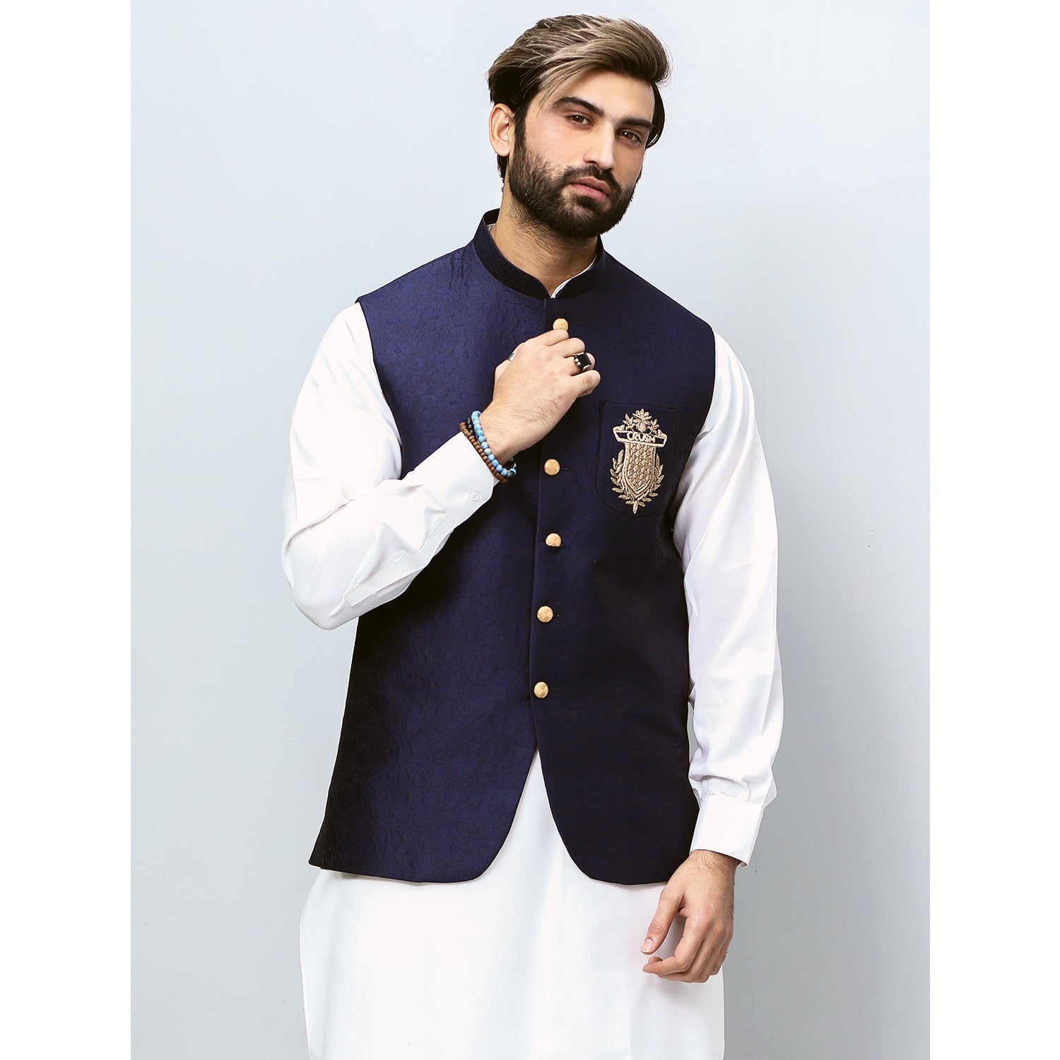 Self Jamawar Waistcoat For Men