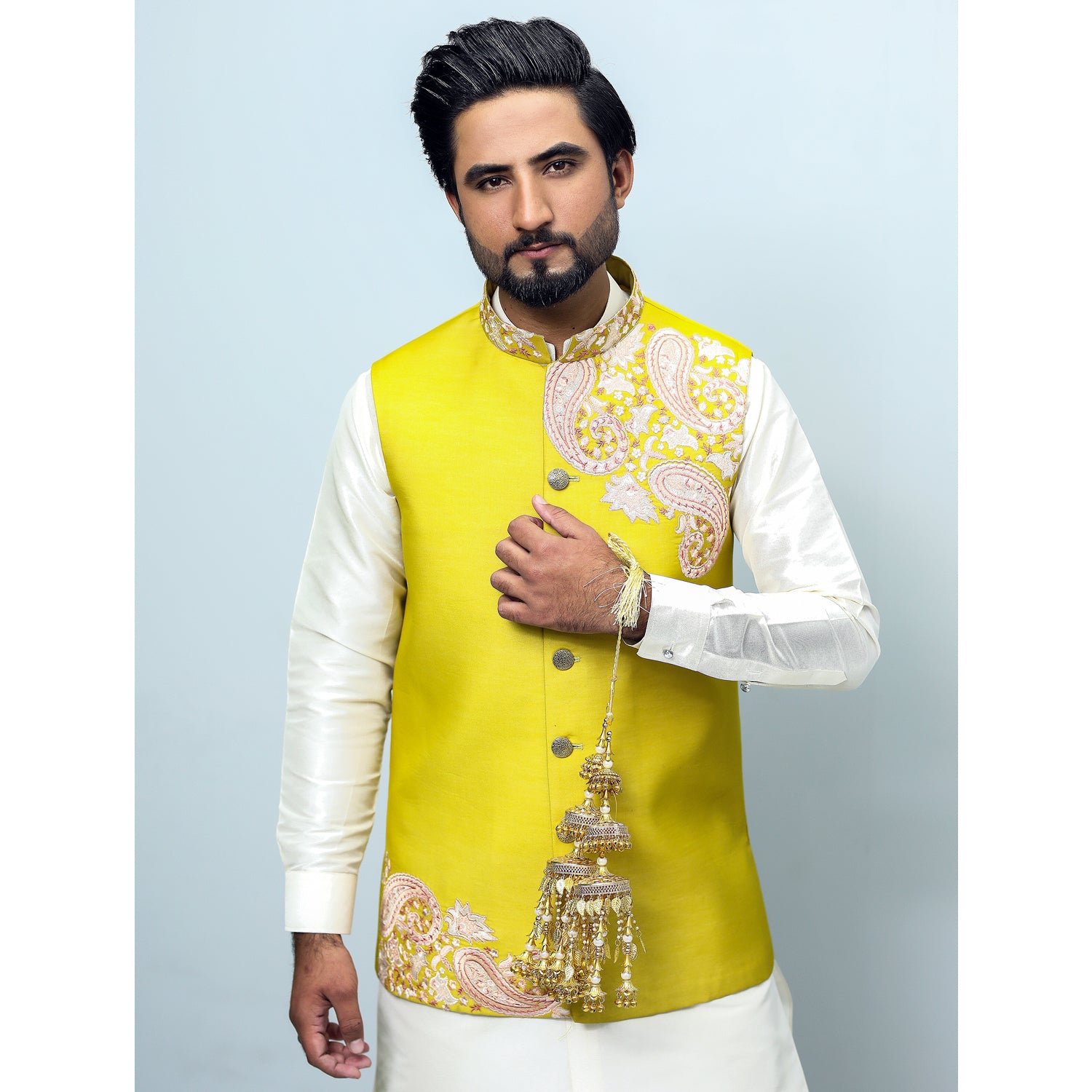 Raw Silk Embroidery Design Waistcoat For Mehndi