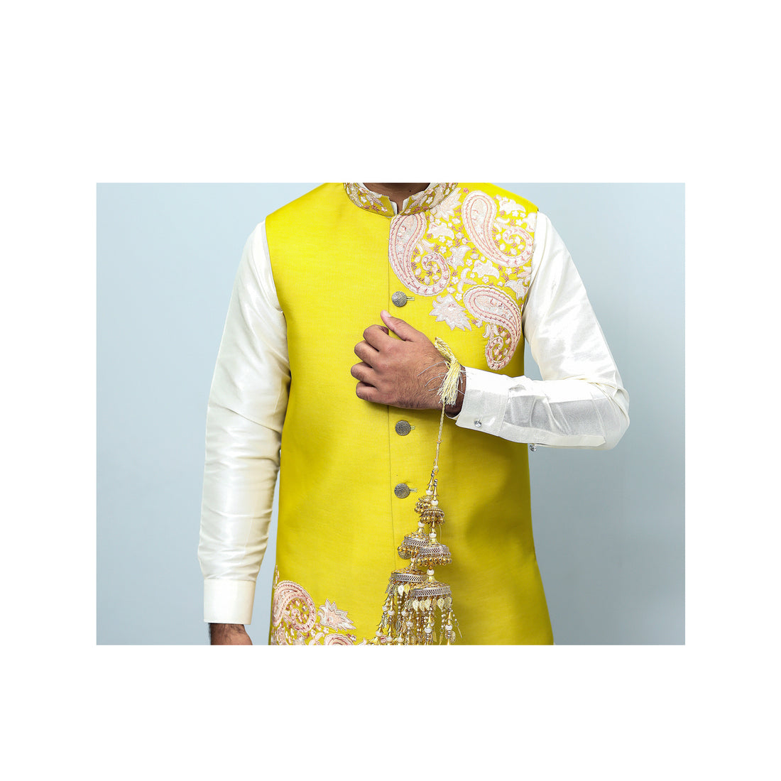 Raw Silk Embroidery Design Waistcoat For Mehndi
