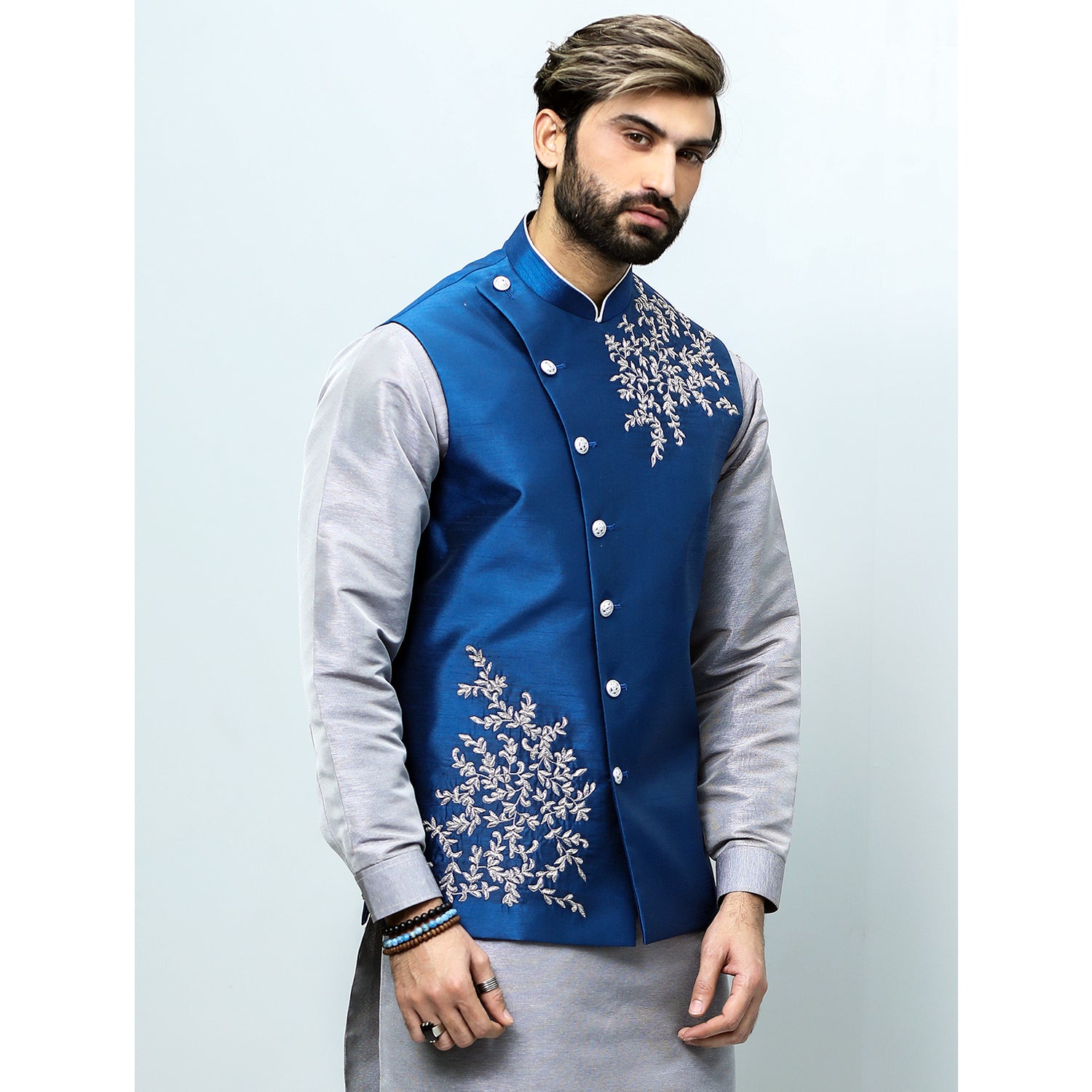 Raw Silk Anrakha Cut Waistcoat w/ 2 Side Handmade Bunches