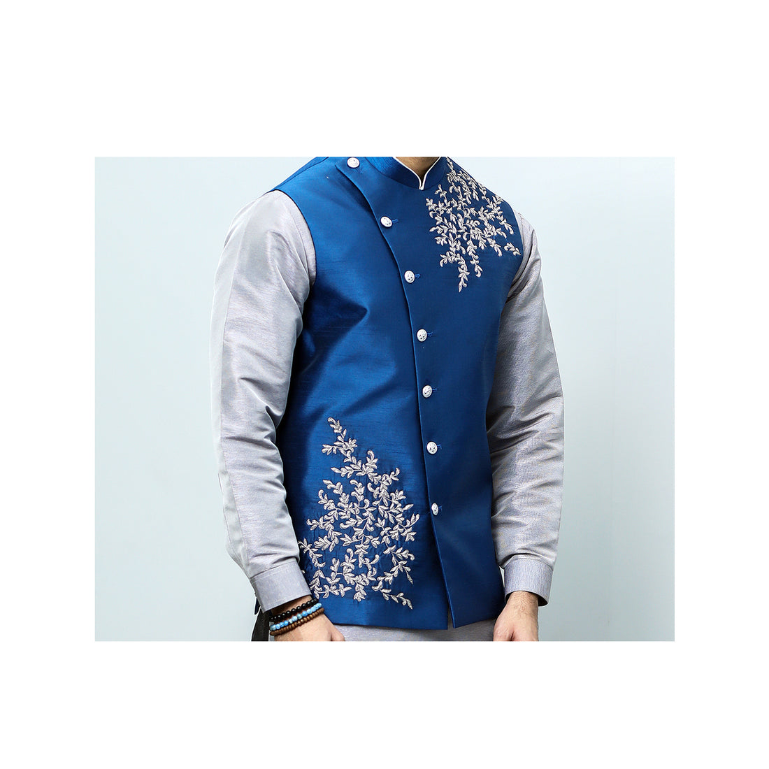 Raw Silk Anrakha Cut Waistcoat w/ 2 Side Handmade Bunches
