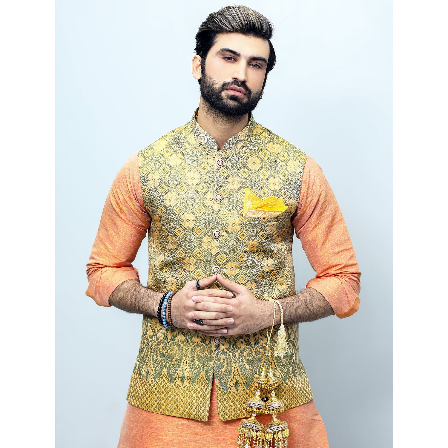 Self Jamawar Waistcoat For Men