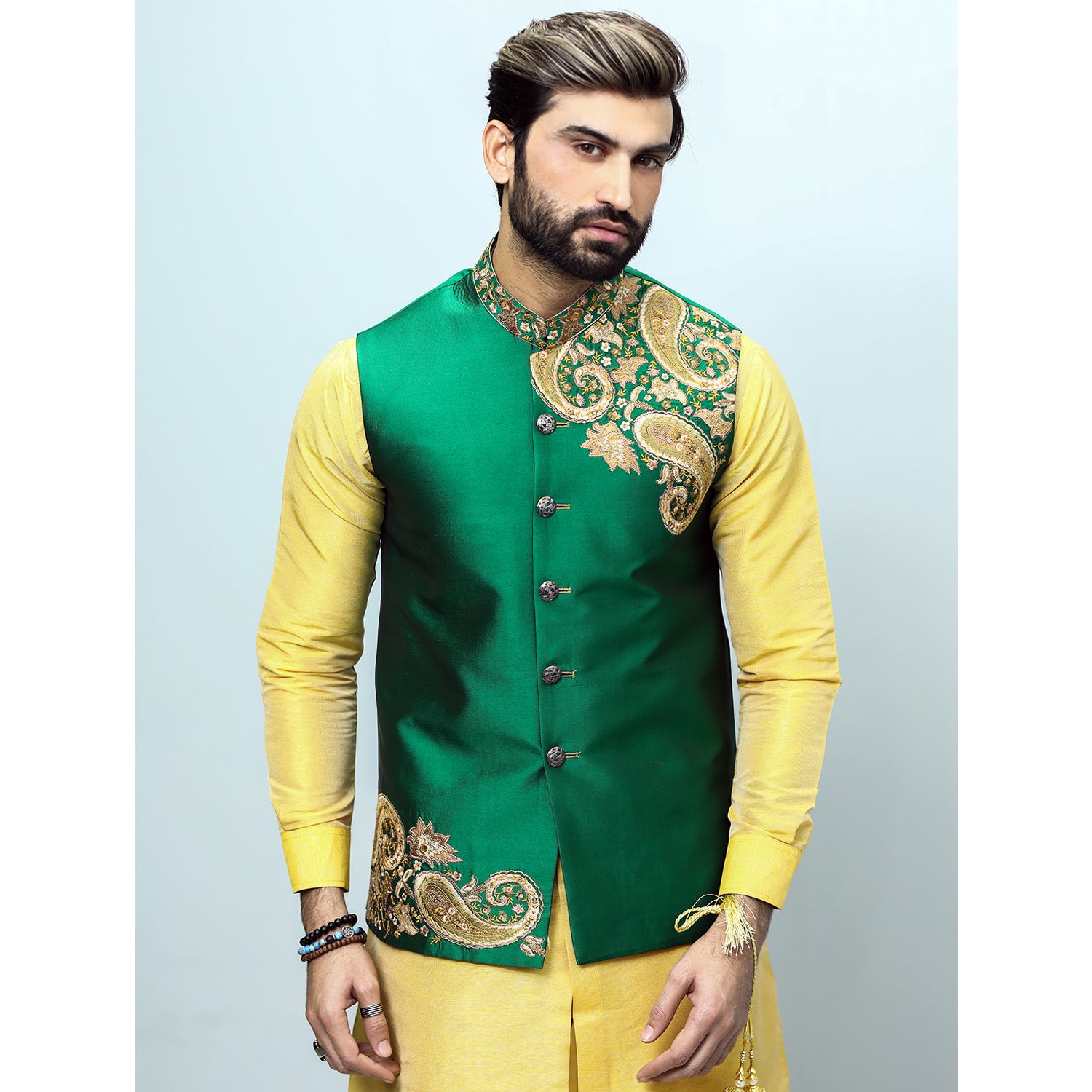 Raw Silk Embroidery Design Waistcoat For Mehndi