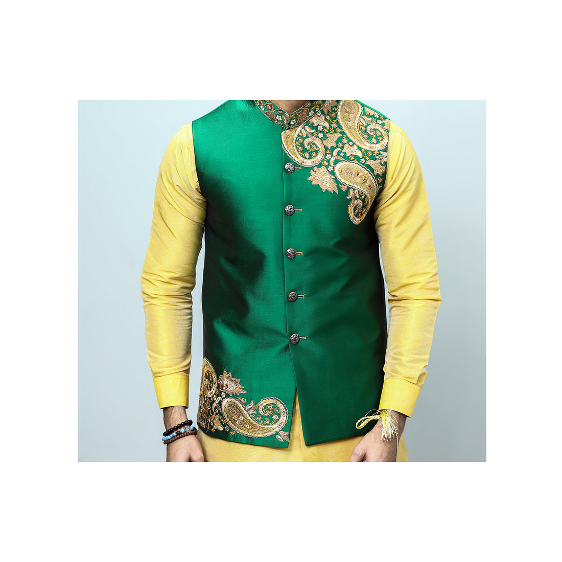 Raw Silk Embroidery Design Waistcoat For Mehndi