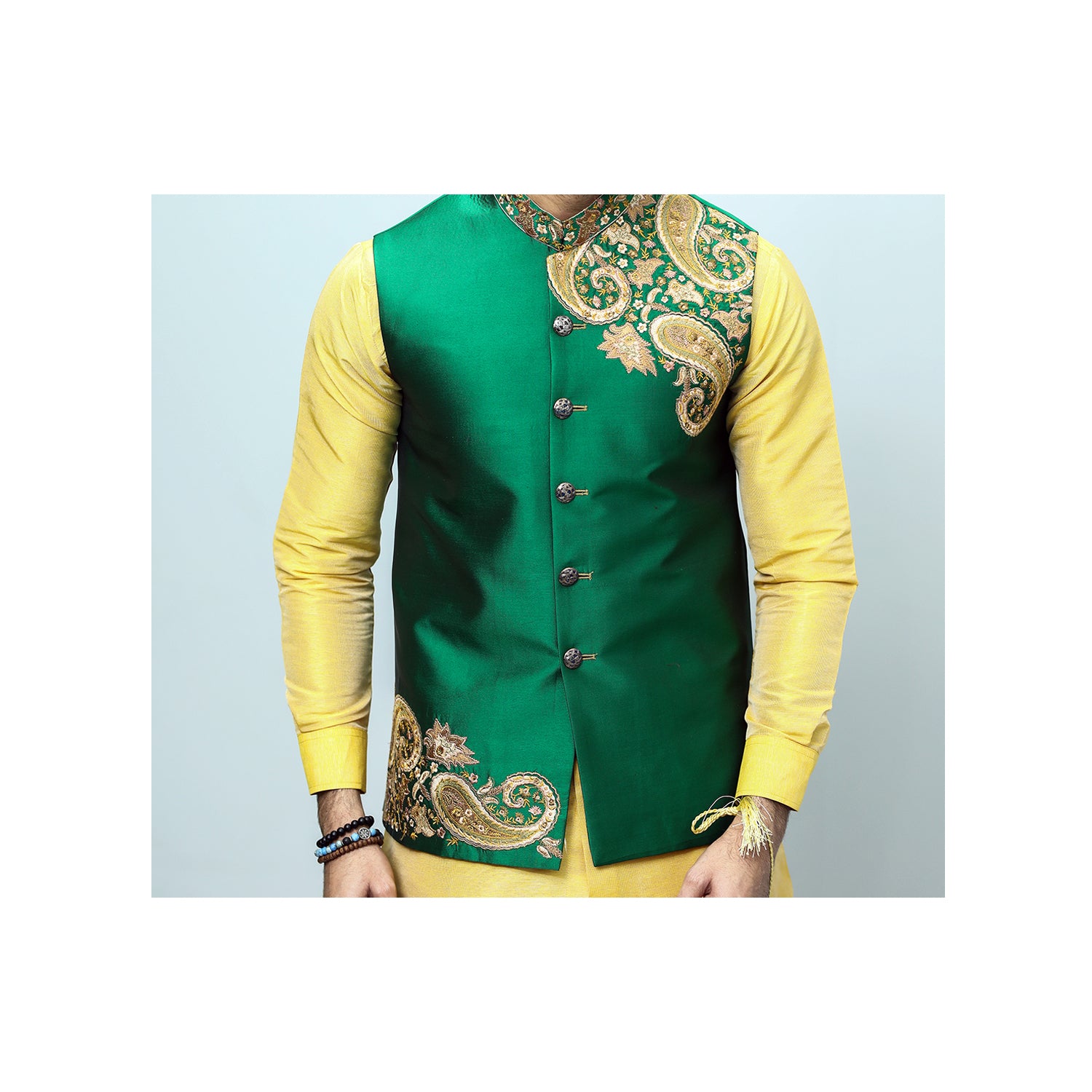 Raw Silk Embroidery Design Waistcoat For Mehndi