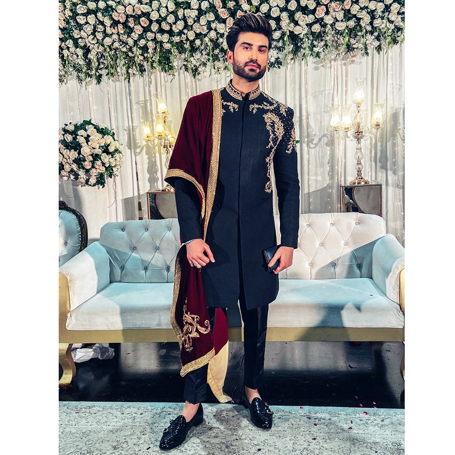 Pure Black Self Jamawar Sherwani w/ Zardozi Handwork
