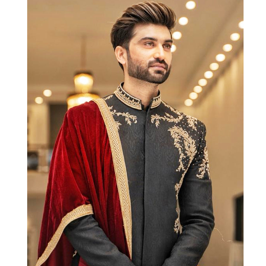 Pure Black Self Jamawar Sherwani w/ Zardozi Handwork