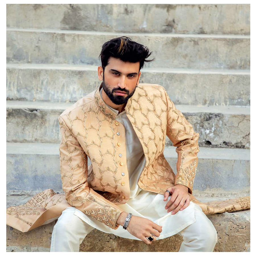 Gold Raw Silk Sherwani