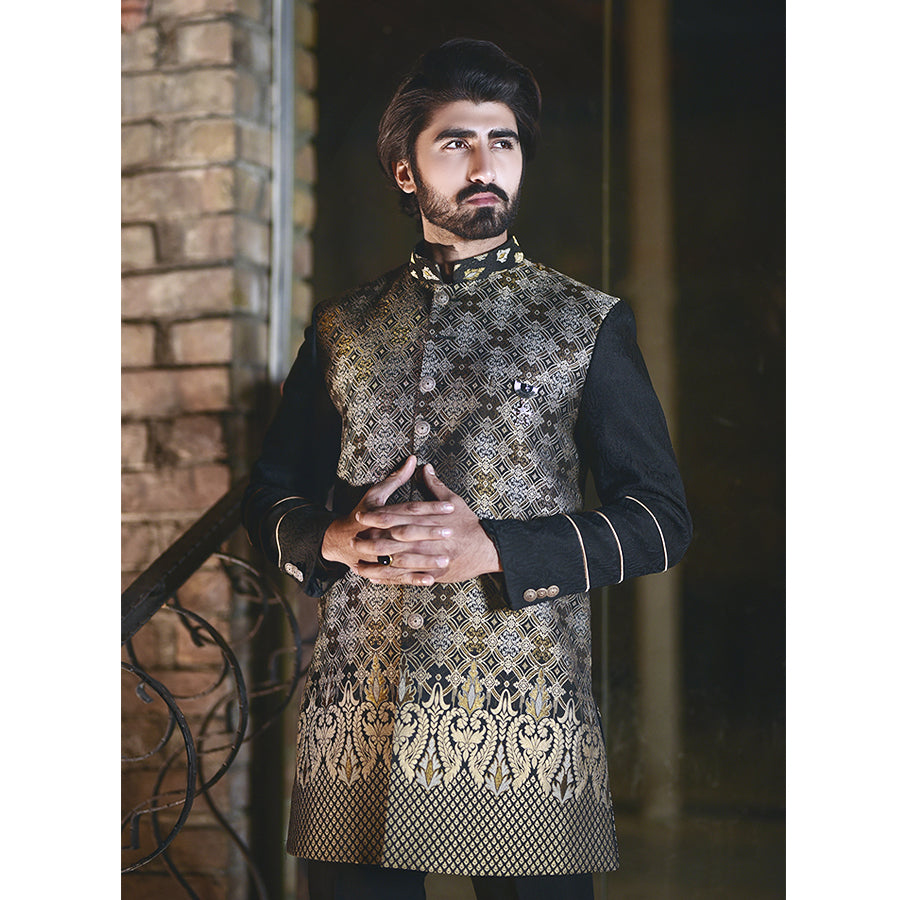 Short Jamawar Sherwani w/ Piping On Sleeves