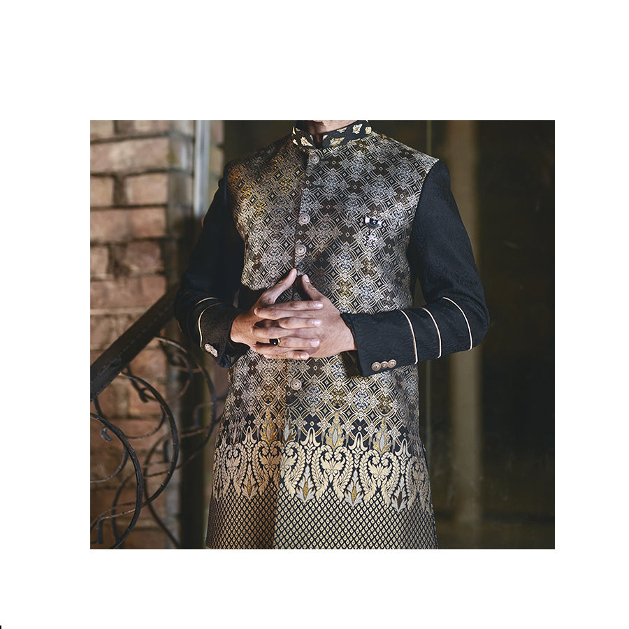 Short Jamawar Sherwani w/ Piping On Sleeves